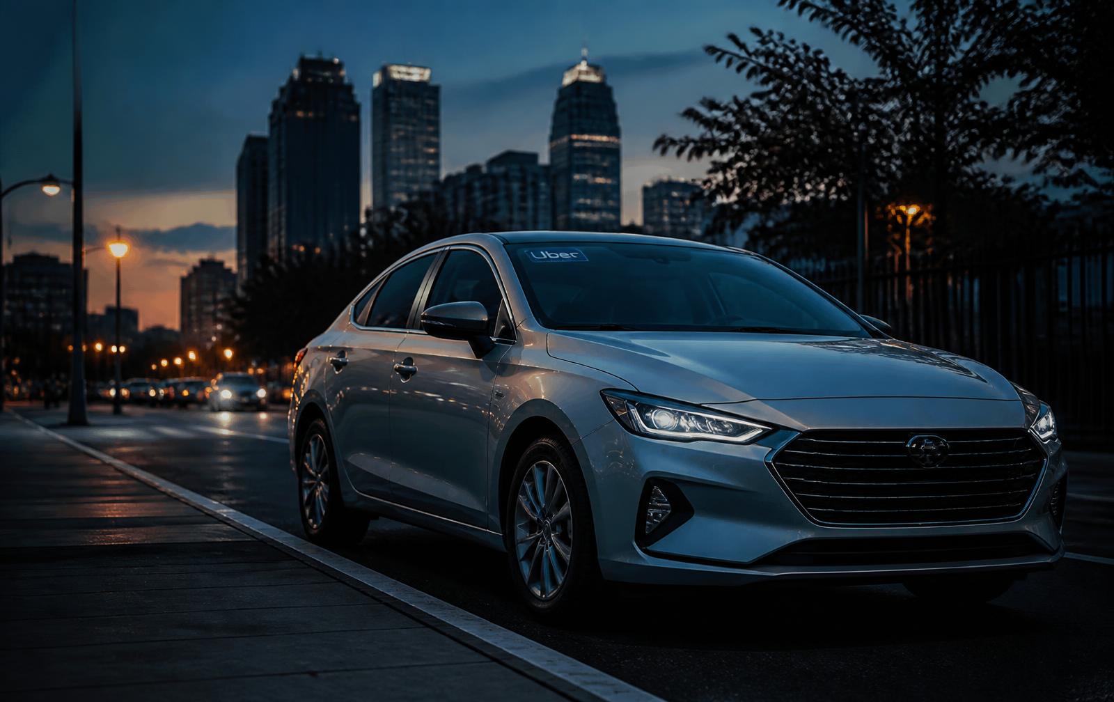 Rideshare-ready sedan parked on a city street at dusk